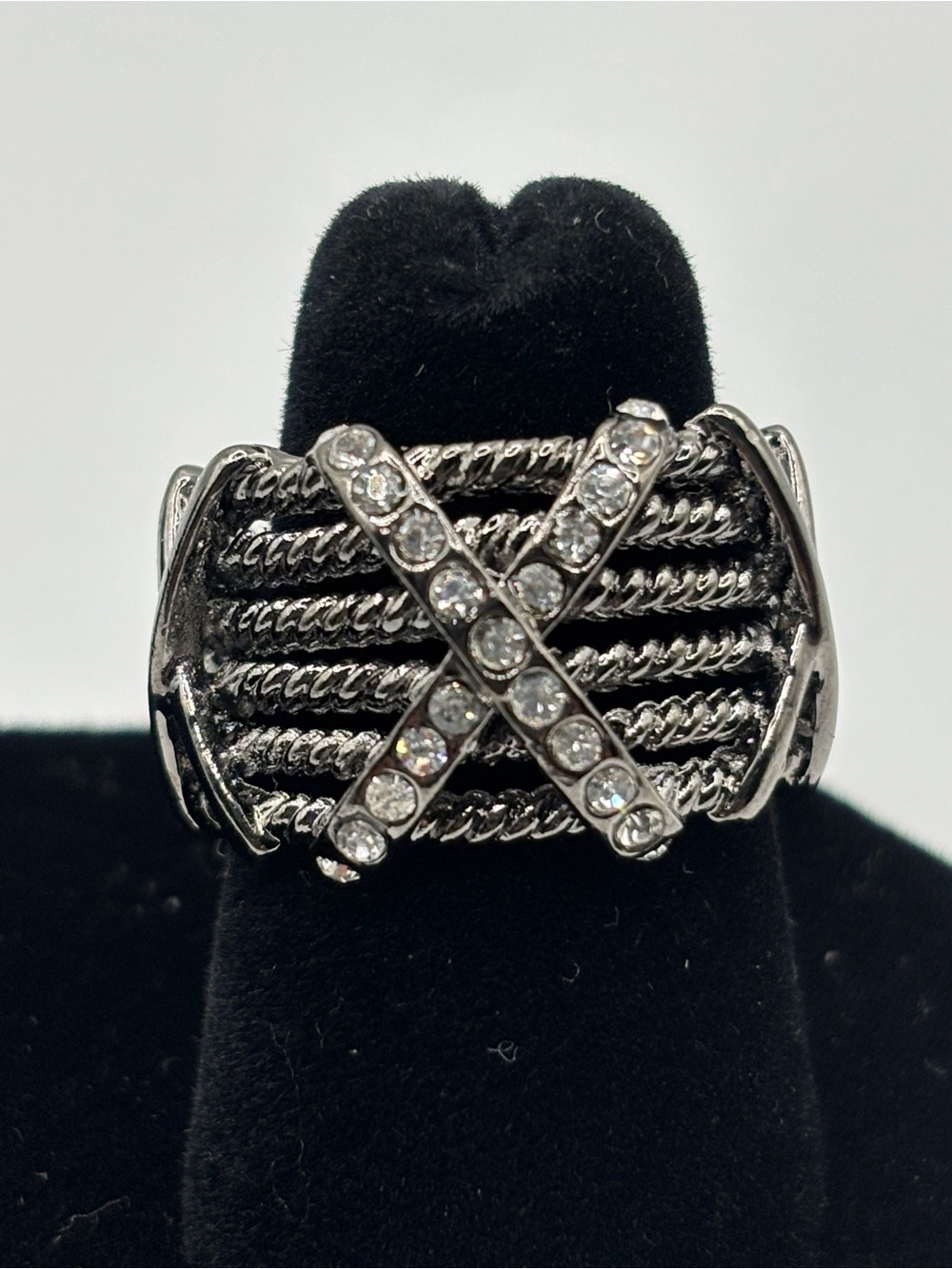 Silver-Tone Crystal X Statement Ring - Women's Fashion Jewelry size 6